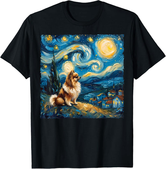 Pomeranian Dog Lovers Starry Night Van Gogh Style Painting T-Shirt - T-Shirt | Black