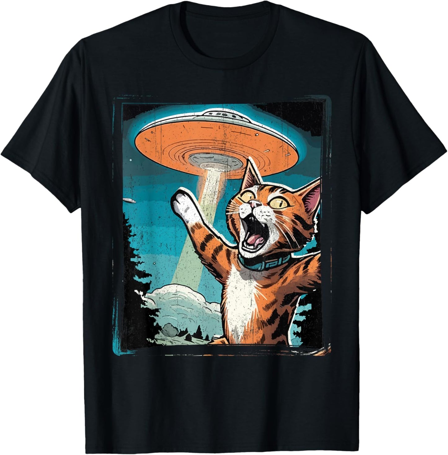 Funny Cat Selfie with UFO Cat Lover Gift Cat Mom Cat Dad T-Shirt - T-Shirt | Black