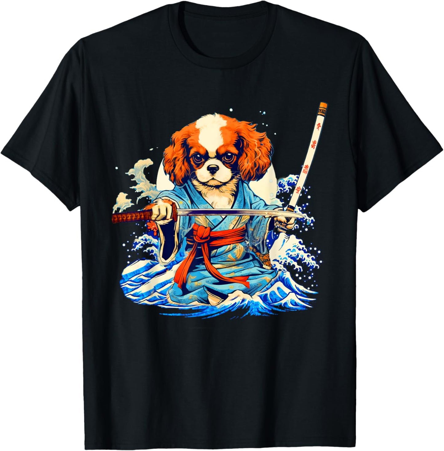 Cavalier King Charles Spaniel Dog Japanese Ukiyoe Art Ninja Women Girls Kids T-Shirt - T-Shirt | Black
