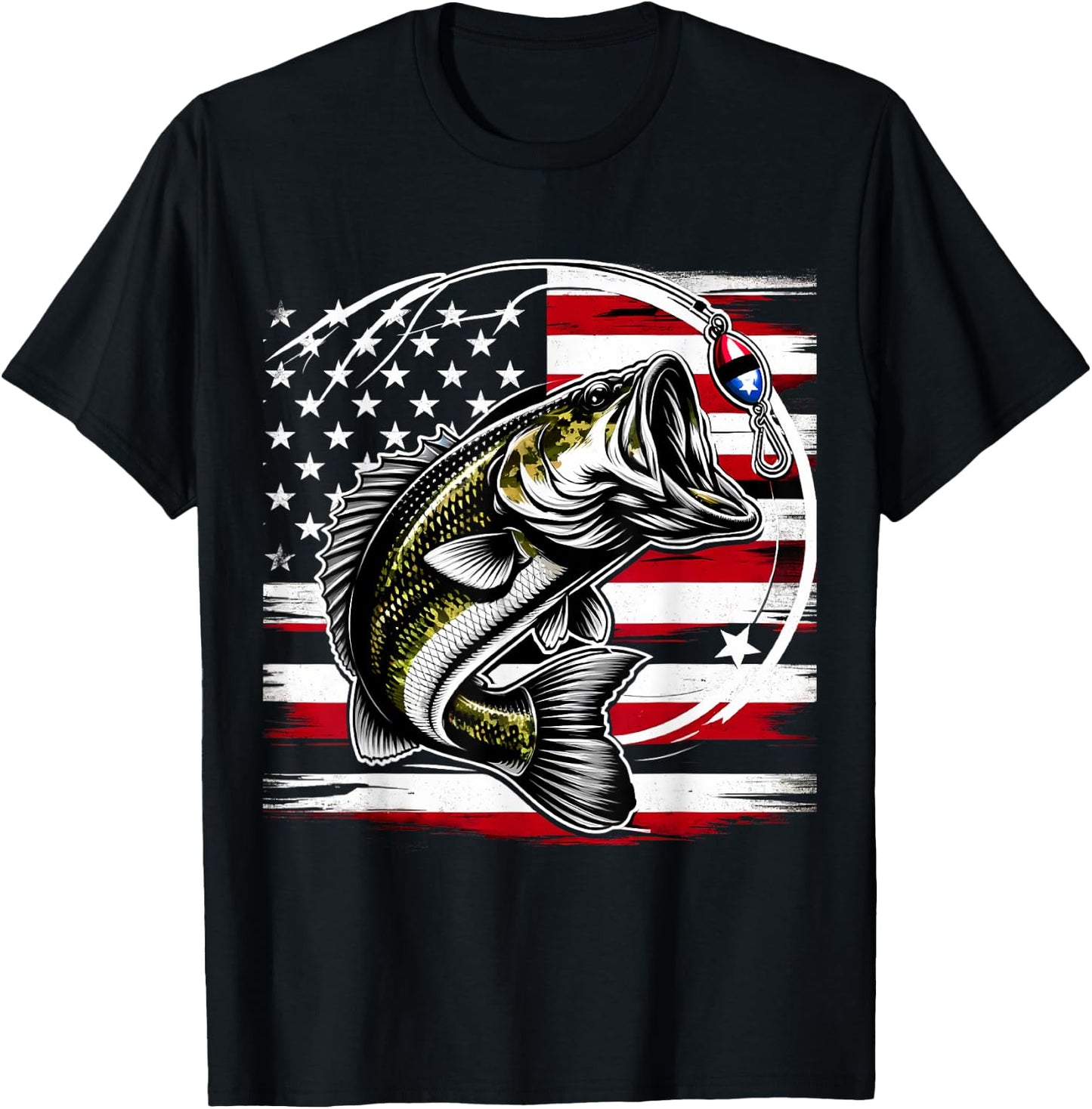 American Flag Fish Fisher Fisherman Funny Bass Fishing USA T-Shirt - T-Shirt | Black