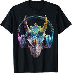 Triceratops Dinosaur Graphic Headphone Triceratops T-Shirt - T-Shirt | Black