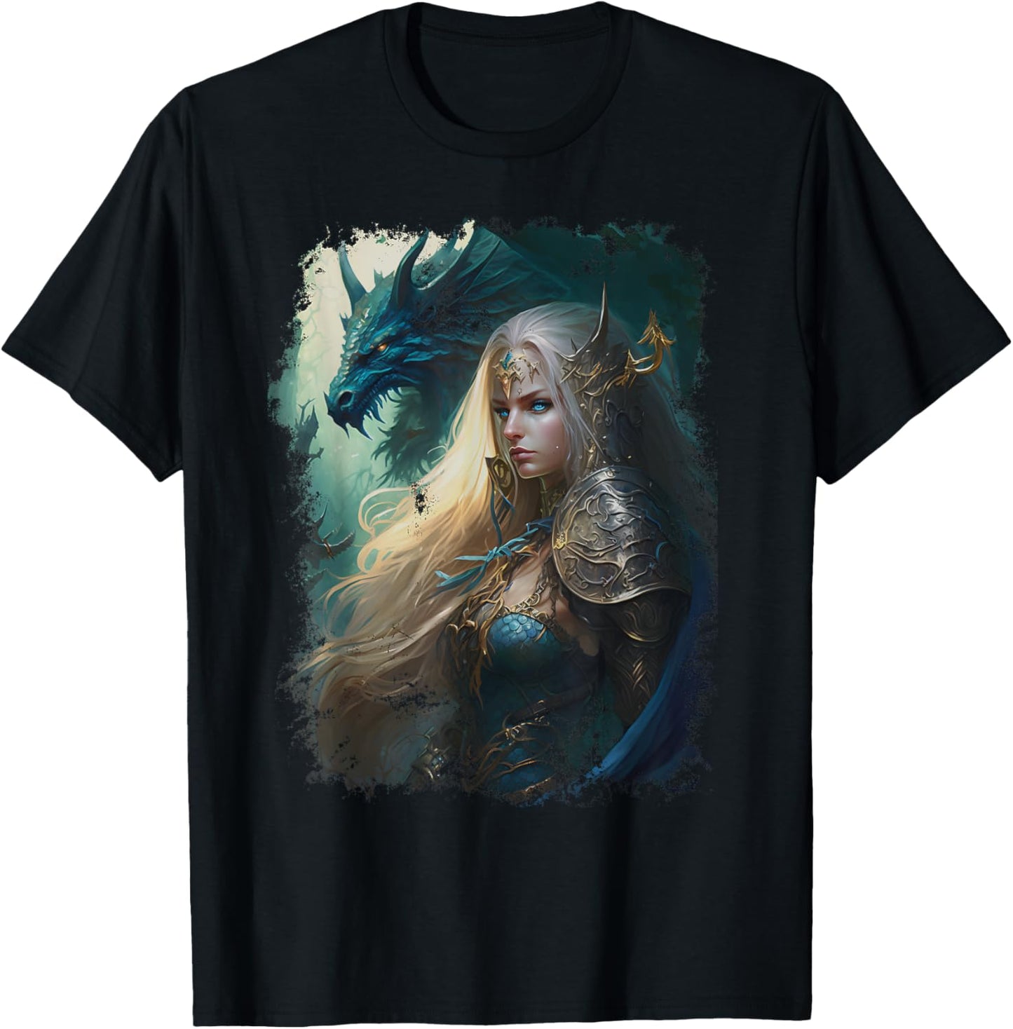 Elven Warrior Elf Princess Dragon Vintage Fantasy Graphic T-Shirt - T-Shirt | Black