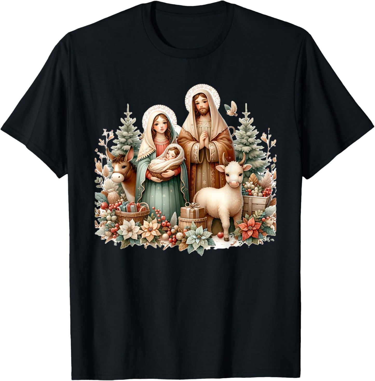 Holy Sacred Family Christmas Nativity Scene Religious Art T-Shirt - T-Shirt | Black
