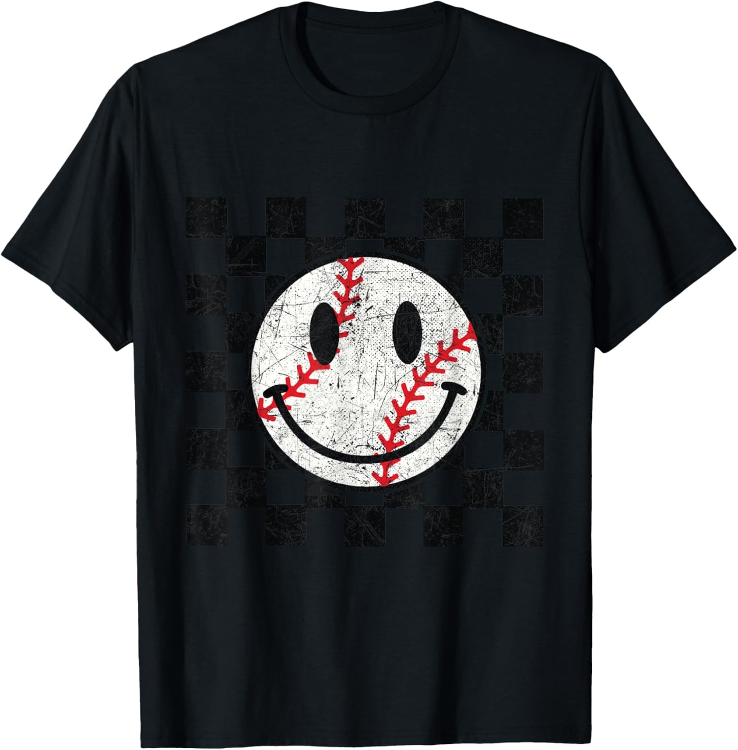 Baseball Smile Checkered Funny Sport Humor T-Shirt - T-Shirt | Black