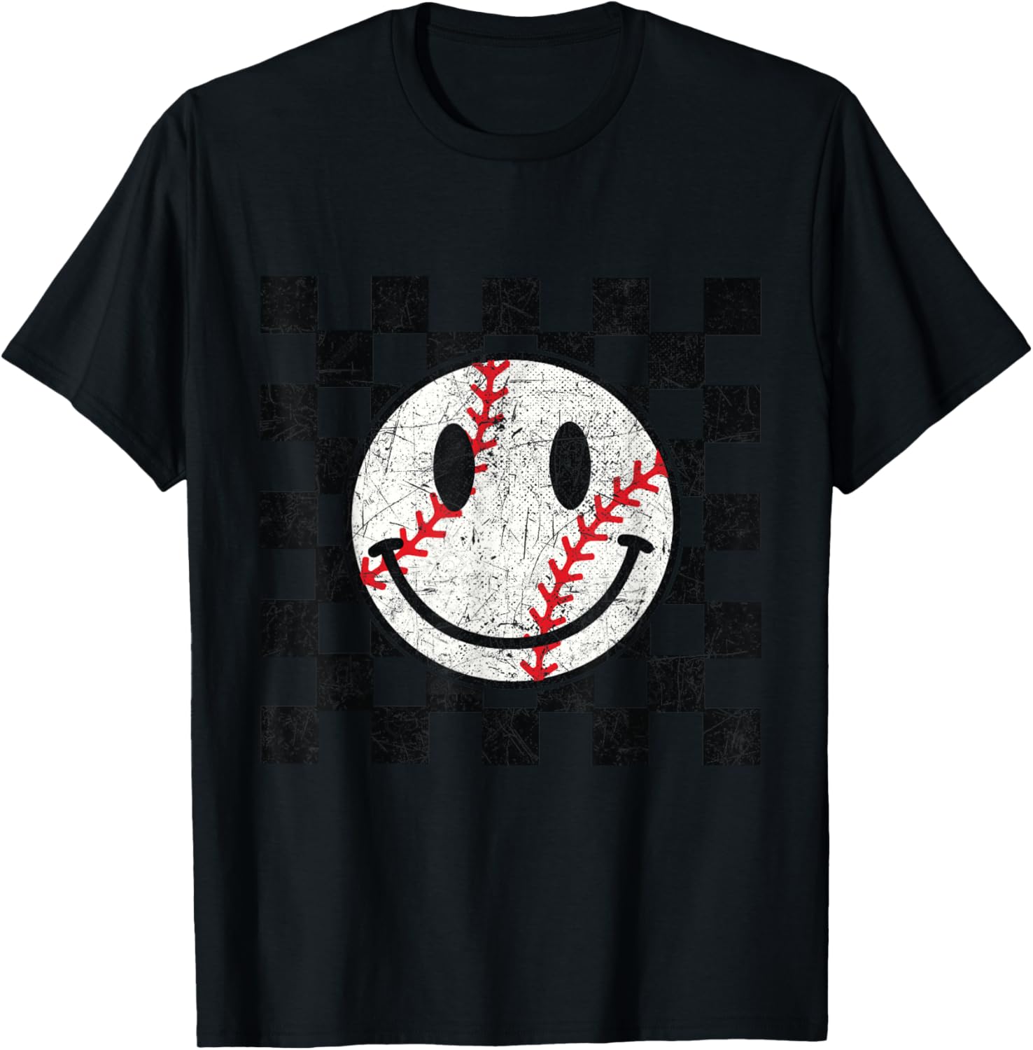 Baseball Smile Checkered Funny Sport Humor T-Shirt - T-Shirt | Black
