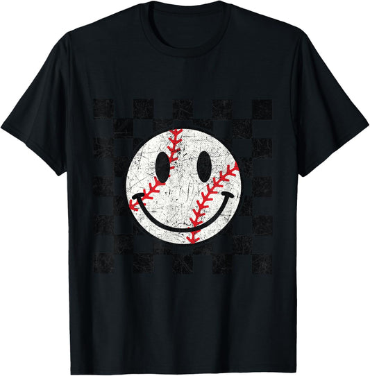 Baseball Smile Checkered Funny Sport Humor T-Shirt - T-Shirt | Black