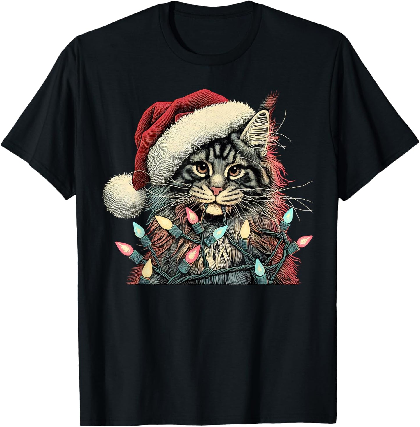 Maine Coon Cat Chew Christmas Light Xmas Holiday Funny Cute T-Shirt - T-Shirt | Black