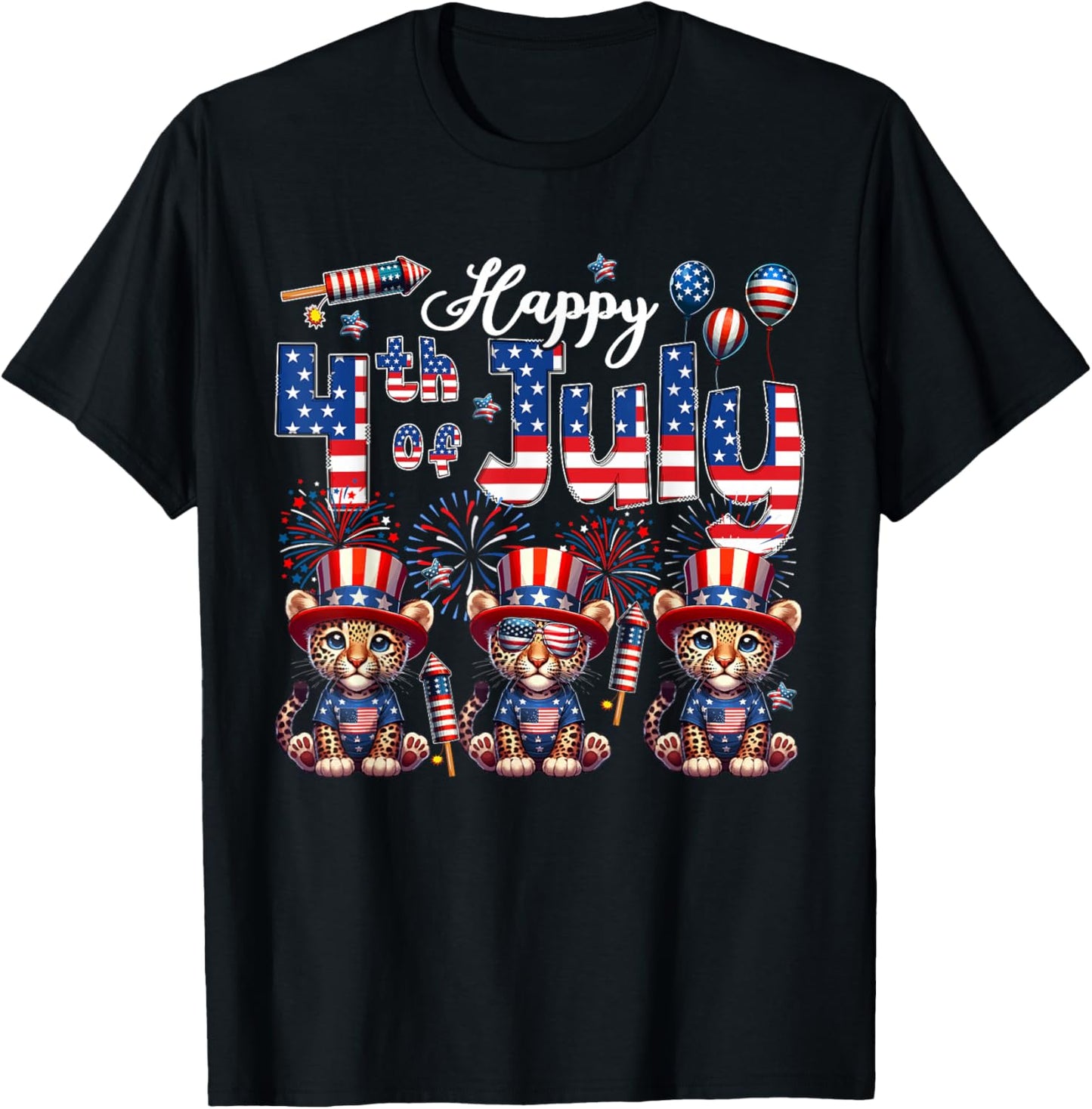 Happy 4th Of July Three Cute Leopards Sunglasses Flag Proud T-Shirt - T-Shirt | Black