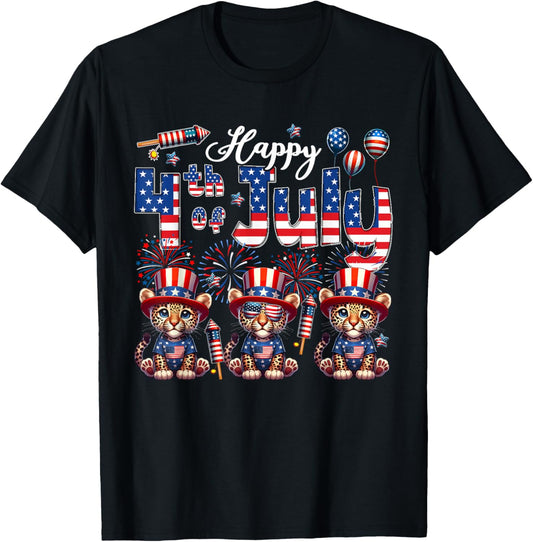 Happy 4th Of July Three Cute Leopards Sunglasses Flag Proud T-Shirt - T-Shirt | Black