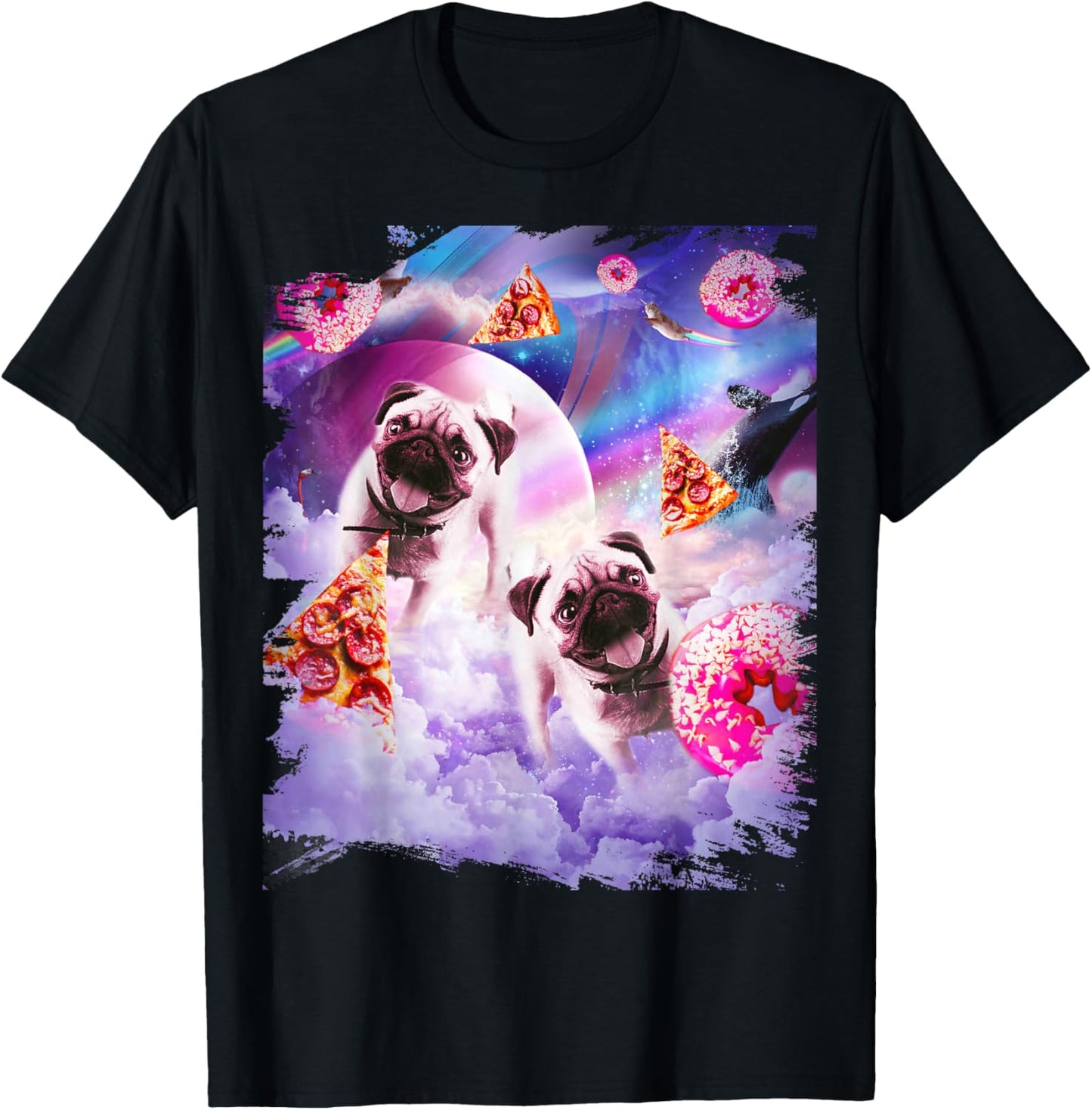 Pugs in The Clouds with Donut and Pizza T-Shirt - T-Shirt | Black