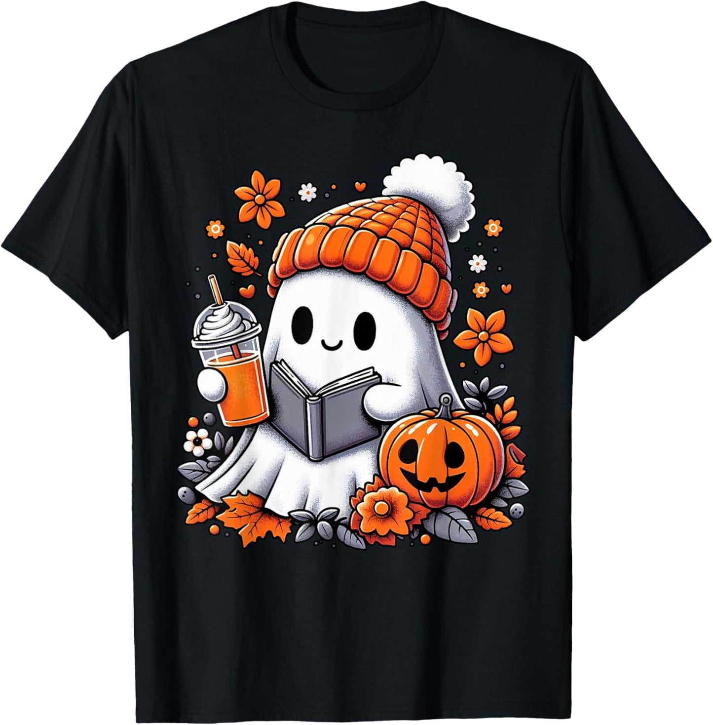 Ghost Drinking Coffee Book Reading Halloween Pumpkin Flower T-Shirt - T-Shirt | Black