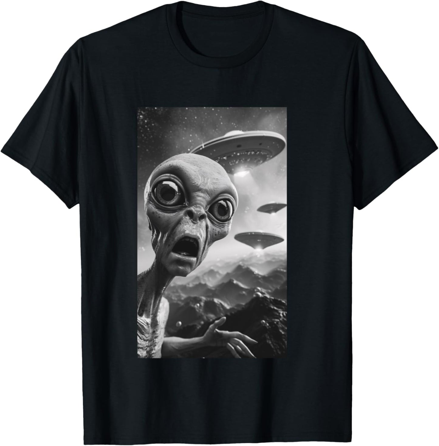 Funny Alien UFO Soucoupe volante Selfie Homme Femme Manche Longue T-Shirt - T-Shirt | Black