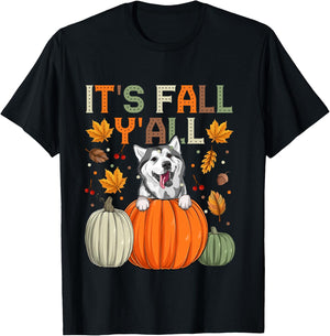 Autumn It’s Fall Y’All Siberian Husky Dog T-Shirt - T-Shirt | Black