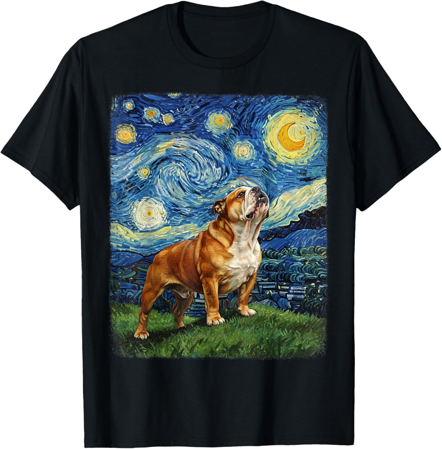 Bulldog Howling At Moon Starry Night Van Gogh Funny T-Shirt - T-Shirt | Black