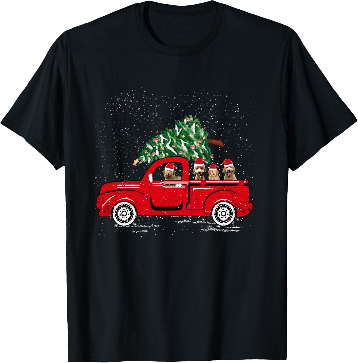 Goldendoodle Riding Red Truck Santa Christmas Pajamas Gift T-Shirt - T-Shirt | Black