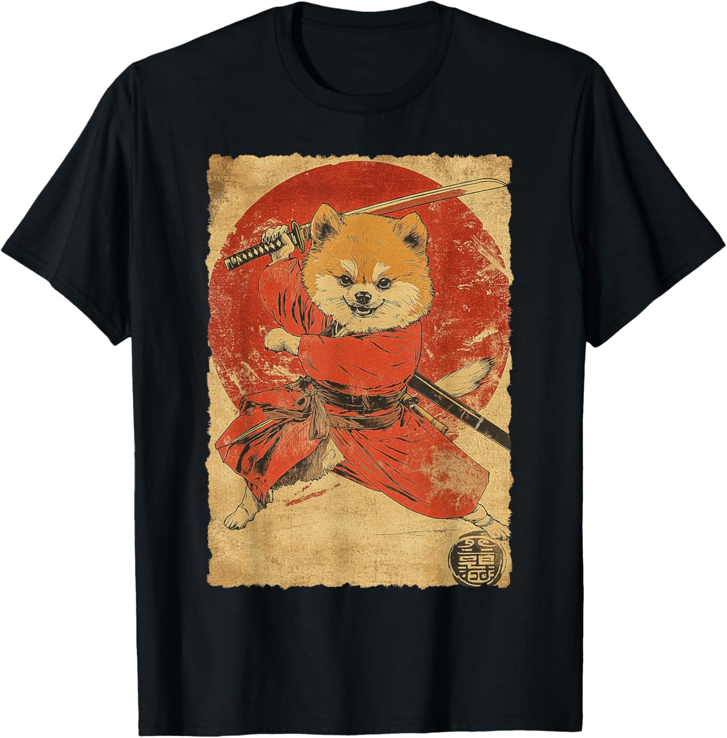Funny Vintage Japanese Art Pomeranian Dog Ninja Samurai Women Girls Kids T-Shirt - T-Shirt | Black
