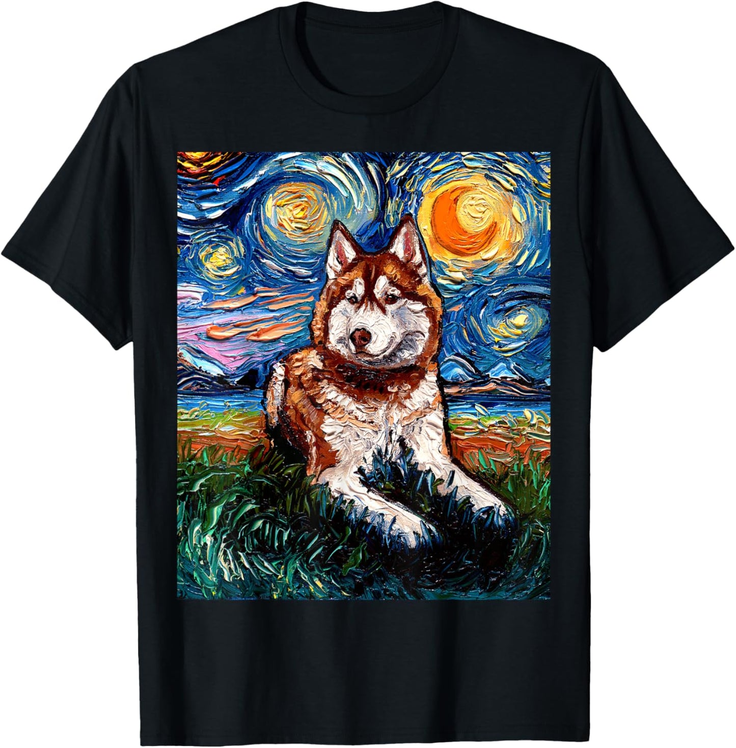 Red Siberian Husky Starry Night Alaskan Malamute Dog Artwork T-Shirt - T-Shirt | Black