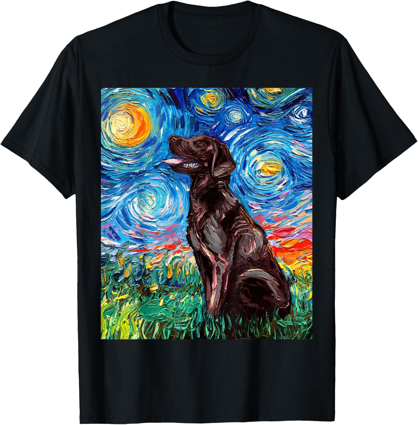 Chocolate Labrador Starry Night Brown Lab Dog Art by Aja T-Shirt - T-Shirt | Black