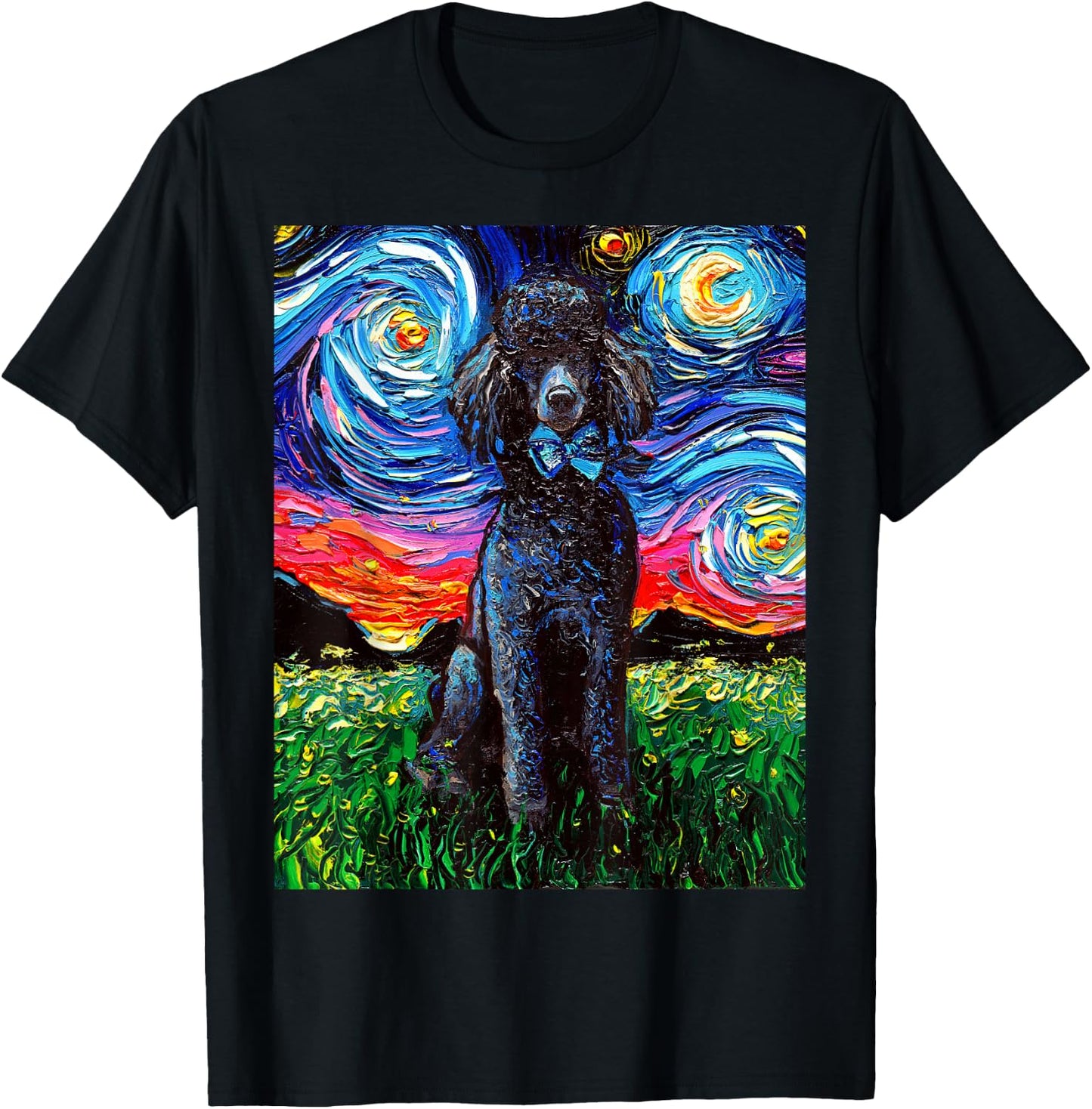 Black Standard Poodle Starry Night Dog Lover Animal Artwork T-Shirt - T-Shirt | Black