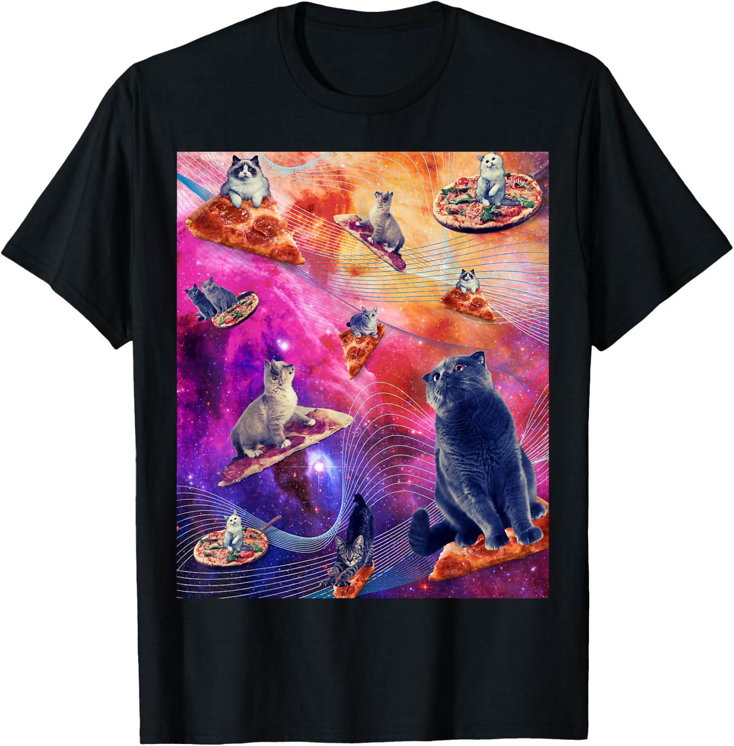 Galaxy Space Pizza Cat - Cat In Space Eating Pizza Men Women T-Shirt - T-Shirt | Black