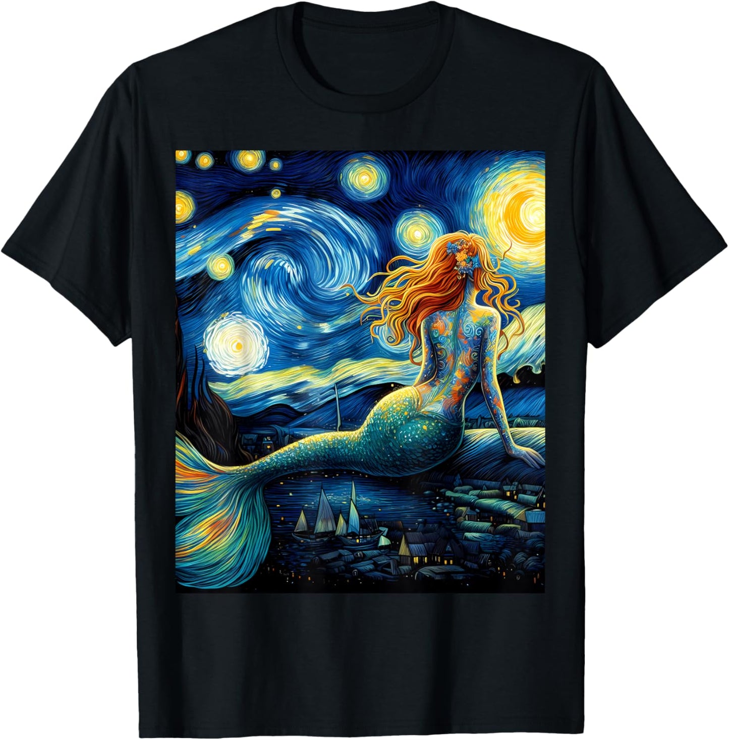 Mermaid Under Starry Night Sky Art Graphic Christmas T-Shirt - T-Shirt | Black