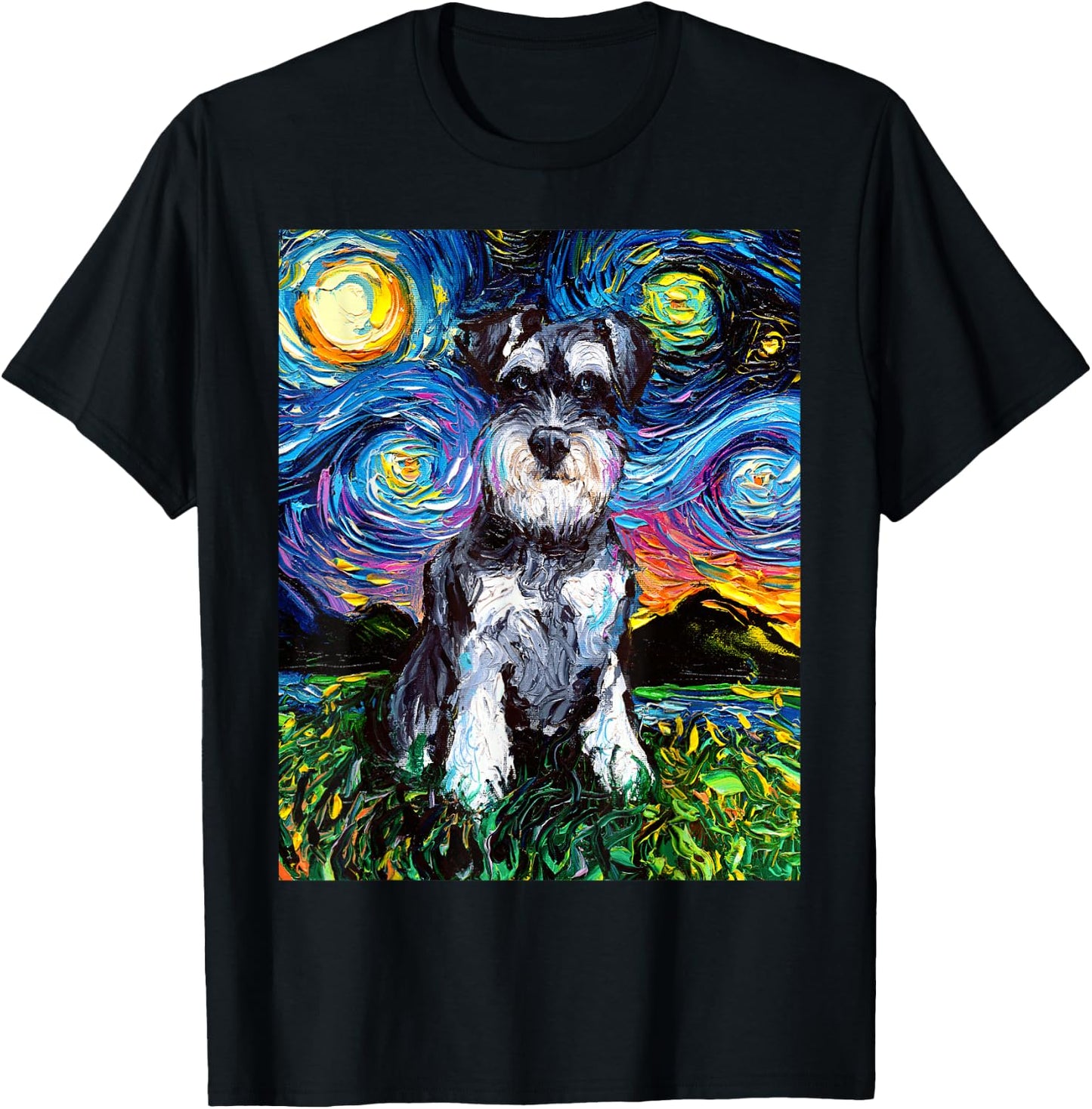 Schnauzer Starry Night Impressionist Dog Art by Aja T-Shirt - T-Shirt | Black