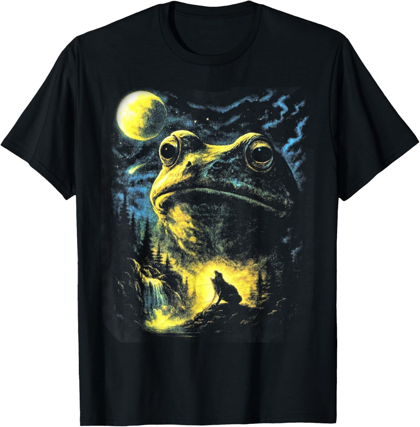 Retro Frog and Wolf Nature Scene, Full Moon Forest Lover T-Shirt - T-Shirt | Black
