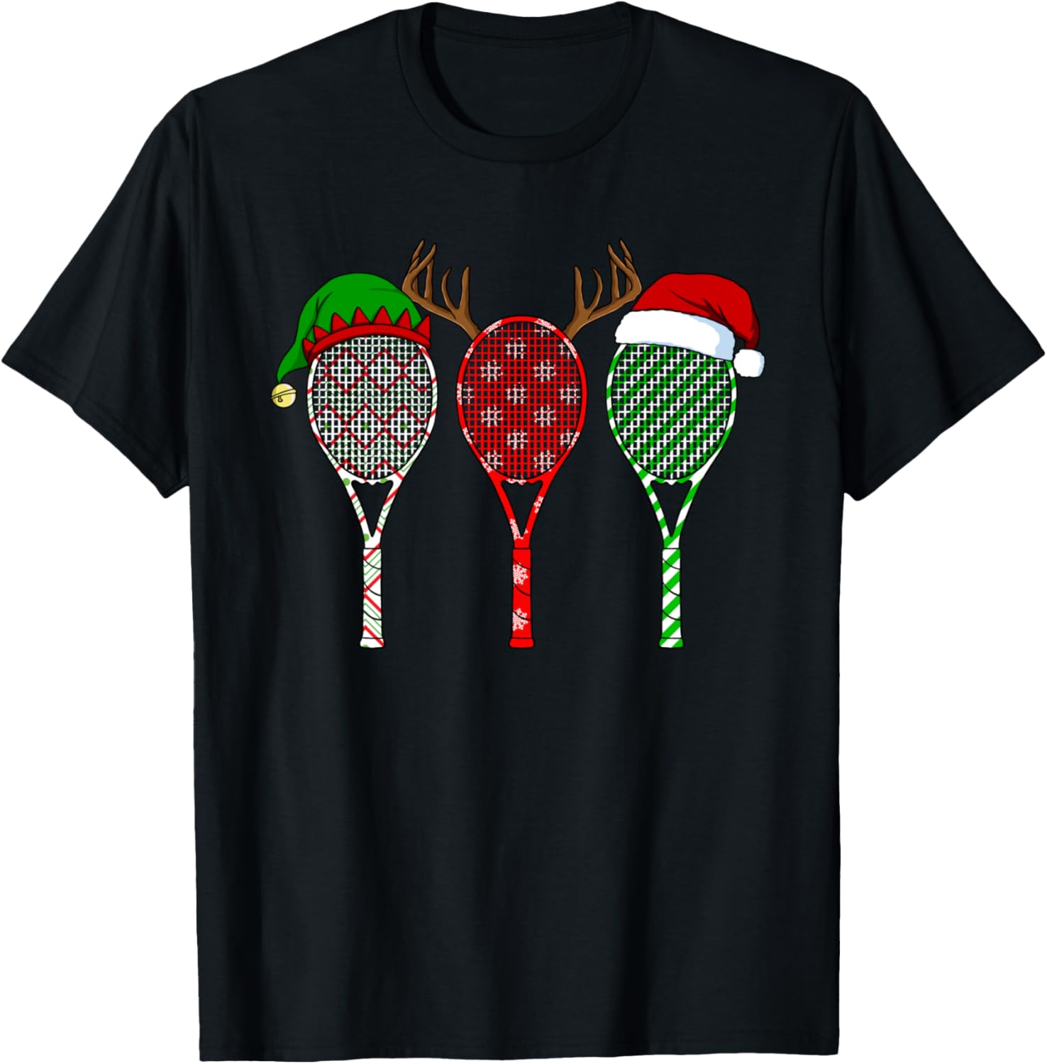 Tennis Racket Christmas Hat Reindeer Anlter Game Sport T-Shirt - T-Shirt | Black