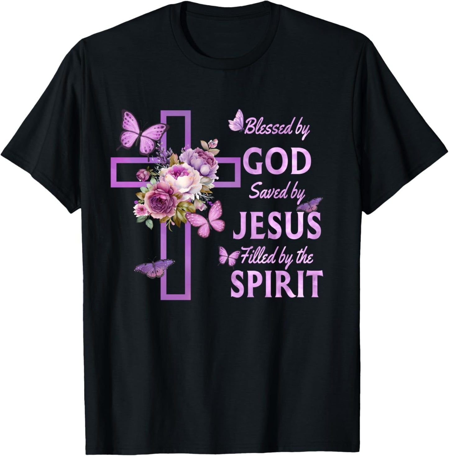 Blessed by God Saved by Jesus Purple Floral Cross Christian T-Shirt - T-Shirt | Black