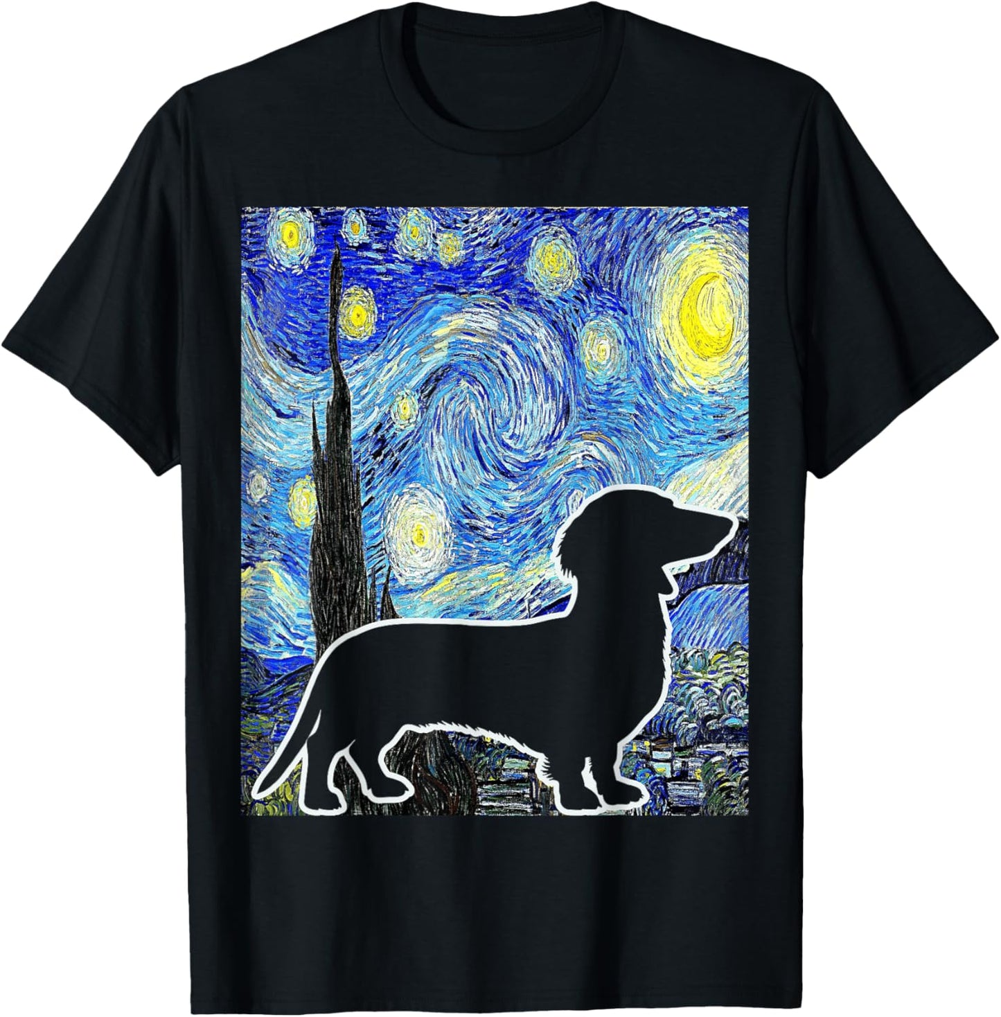 Dachshund Starry Night Dachshund Lover Van Gogh Painting T-Shirt - T-Shirt | Black