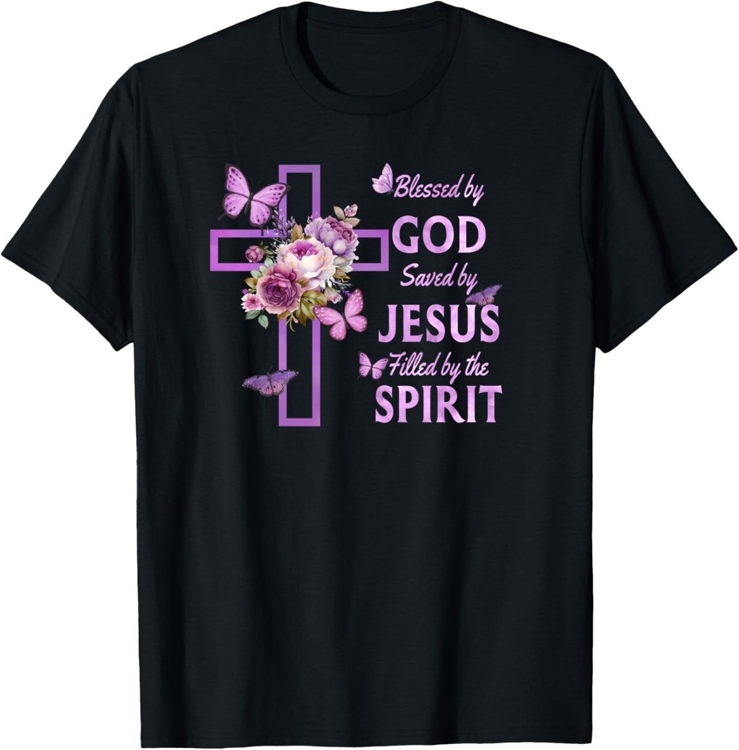 Blessed by God Saved by Jesus Purple Floral Cross Christian T-Shirt - T-Shirt | Black