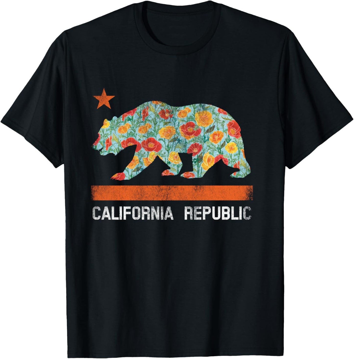 California Republic State Bear Star Poppy Flower LA Cali T-Shirt - T-Shirt | Black