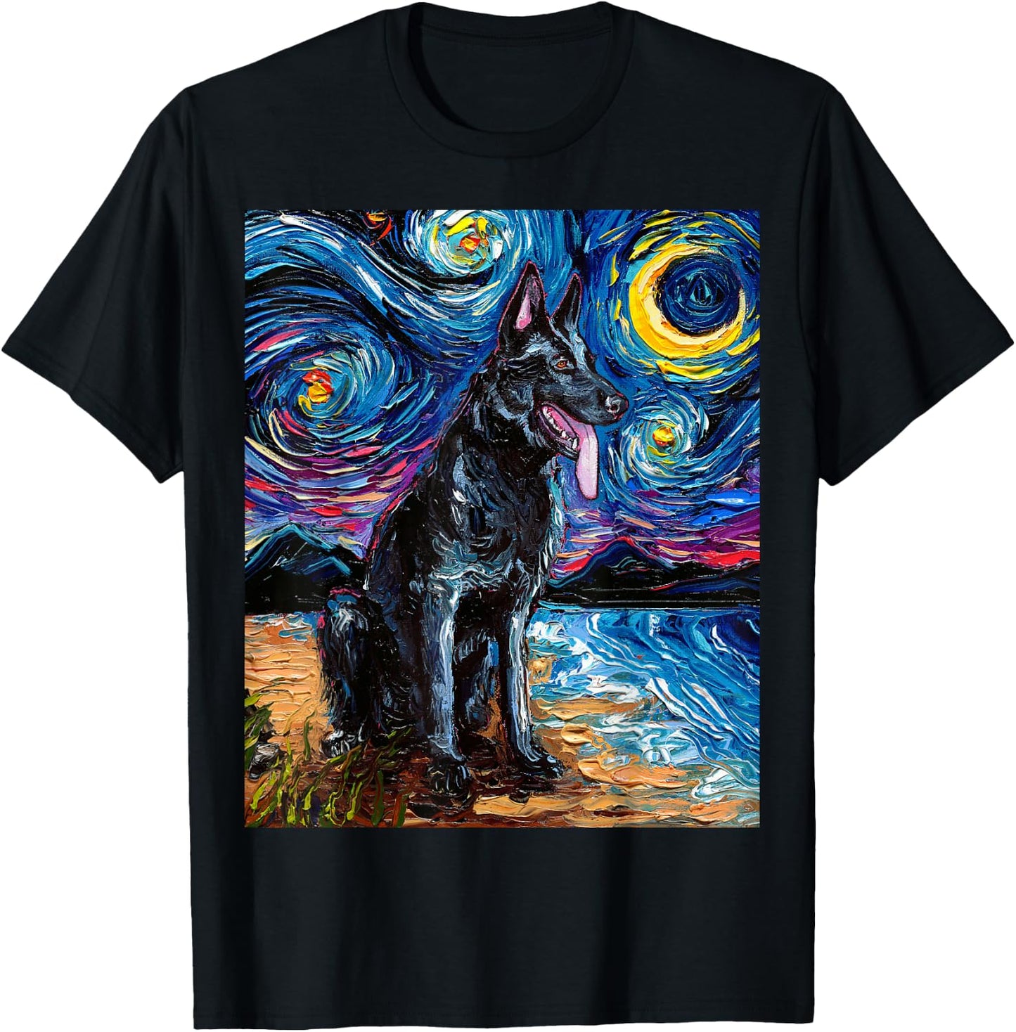 Black German Shepherd Starry Night Dog and Moon GSD Artwork T-Shirt - T-Shirt | Black