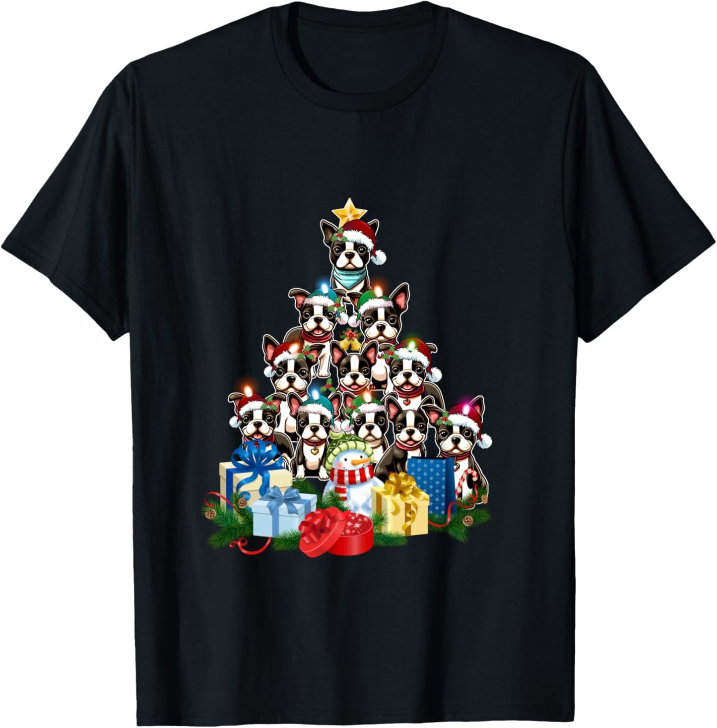 Funny Boston Terrier Christmas Tree Lights Puppy Dog Lover T-Shirt - T-Shirt | Black