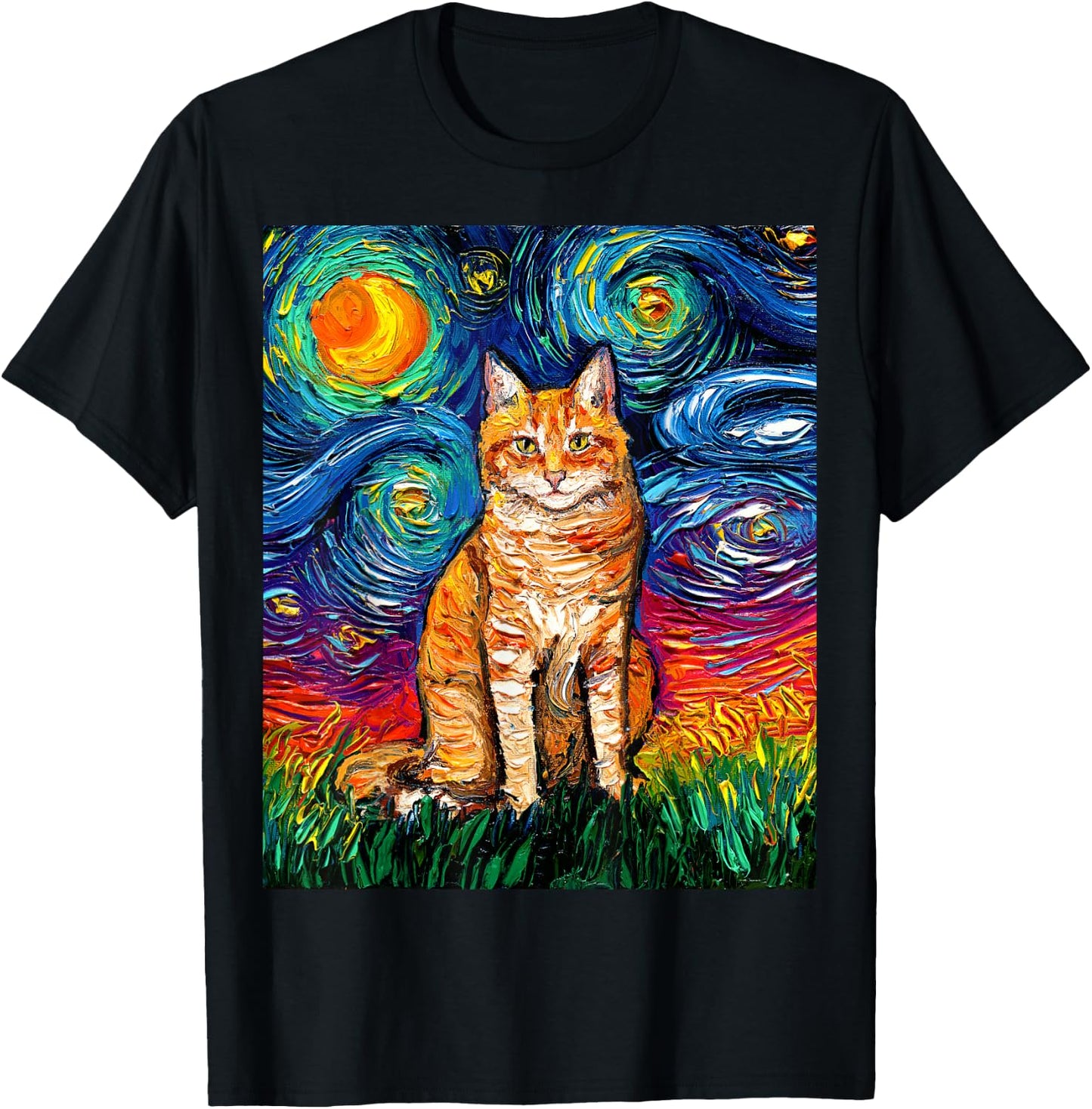 Orange Tabby Tiger Cat Starry Night Colorful Kitty Artwork T-Shirt - T-Shirt | Black