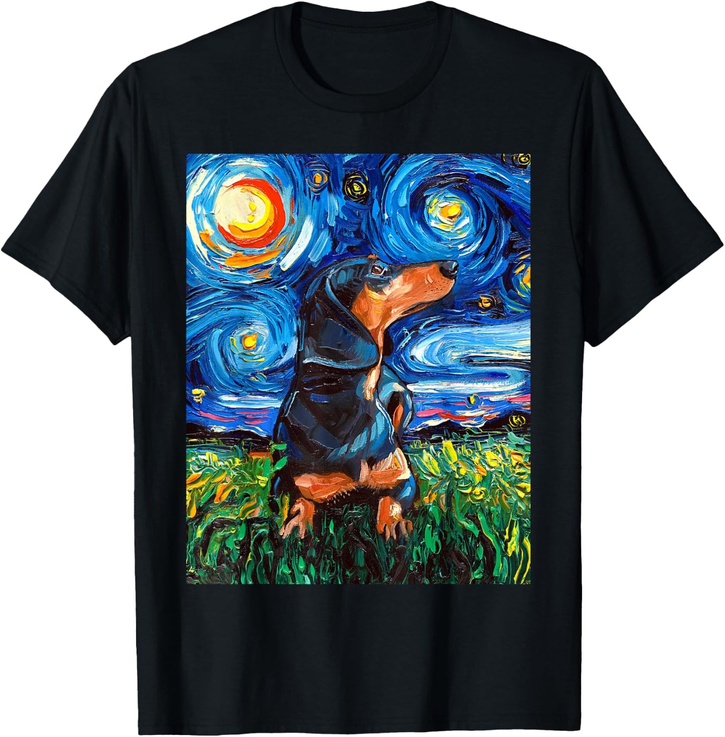 Black and Tan Dachshund Doxie Starry Night Dog Artwork T-Shirt - T-Shirt | Black