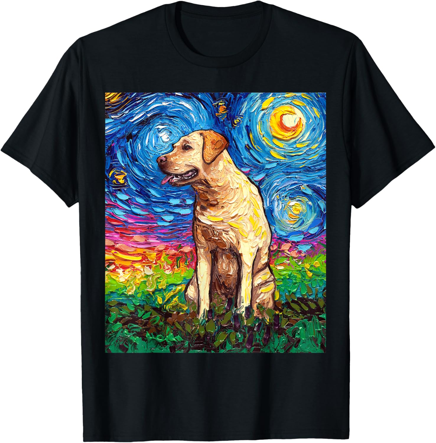 Yellow Labrador Profile Starry Night Blonde Lab Dog Artwork T-Shirt - T-Shirt | Black