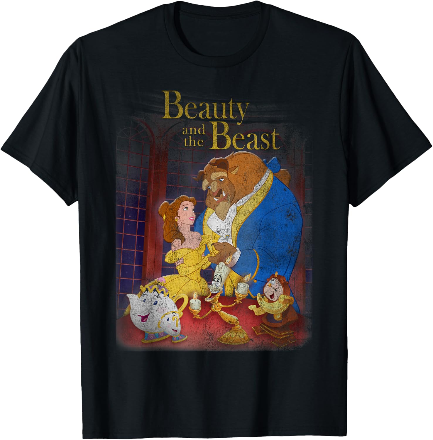 Disney Beauty and The Beast Distressed Vintage Group Shot T-Shirt - T-Shirt | Black