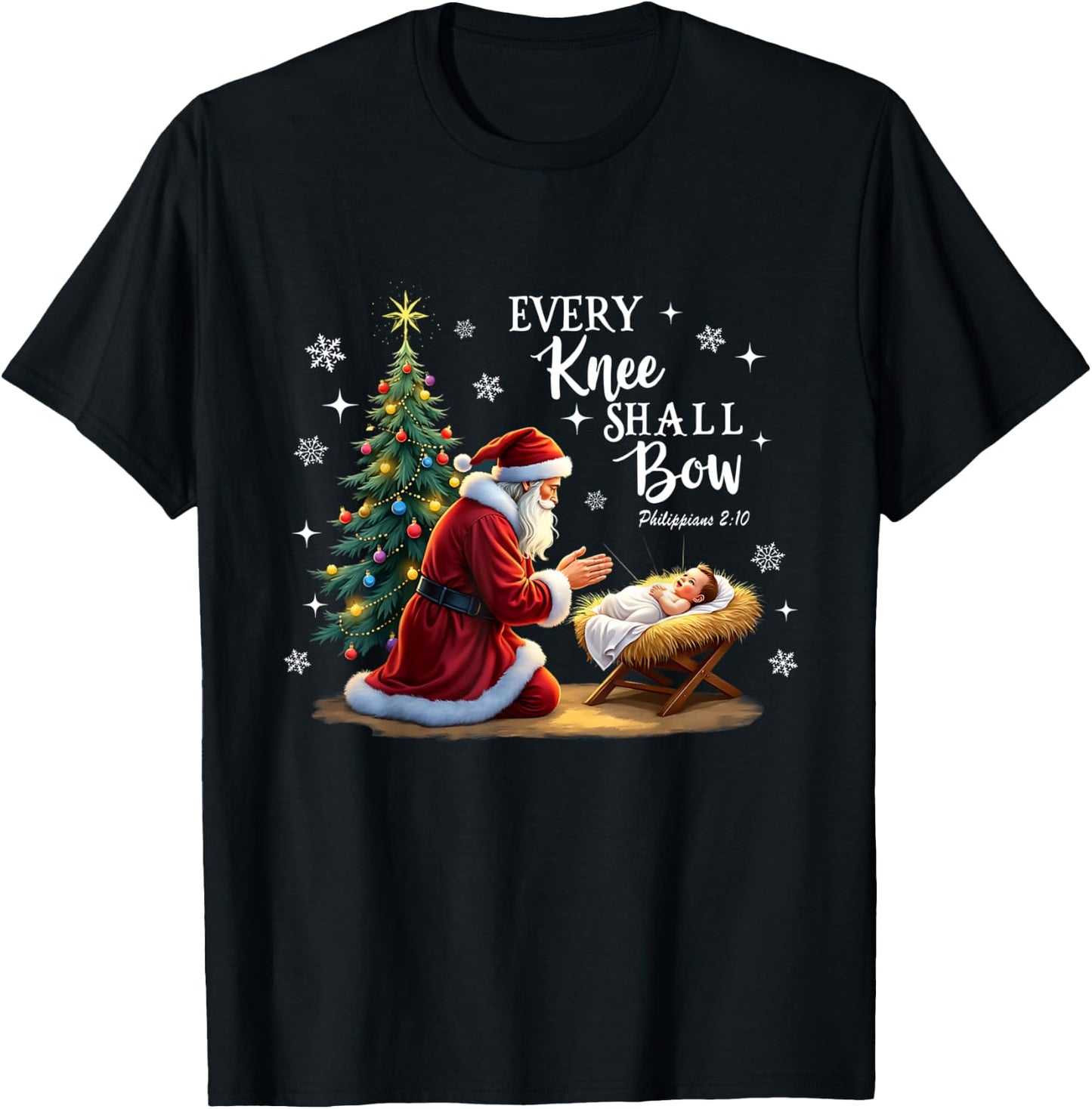 Every Knee Shall Bow, Manger Scene, Kneeling Santa Christmas T-Shirt - T-Shirt | Black