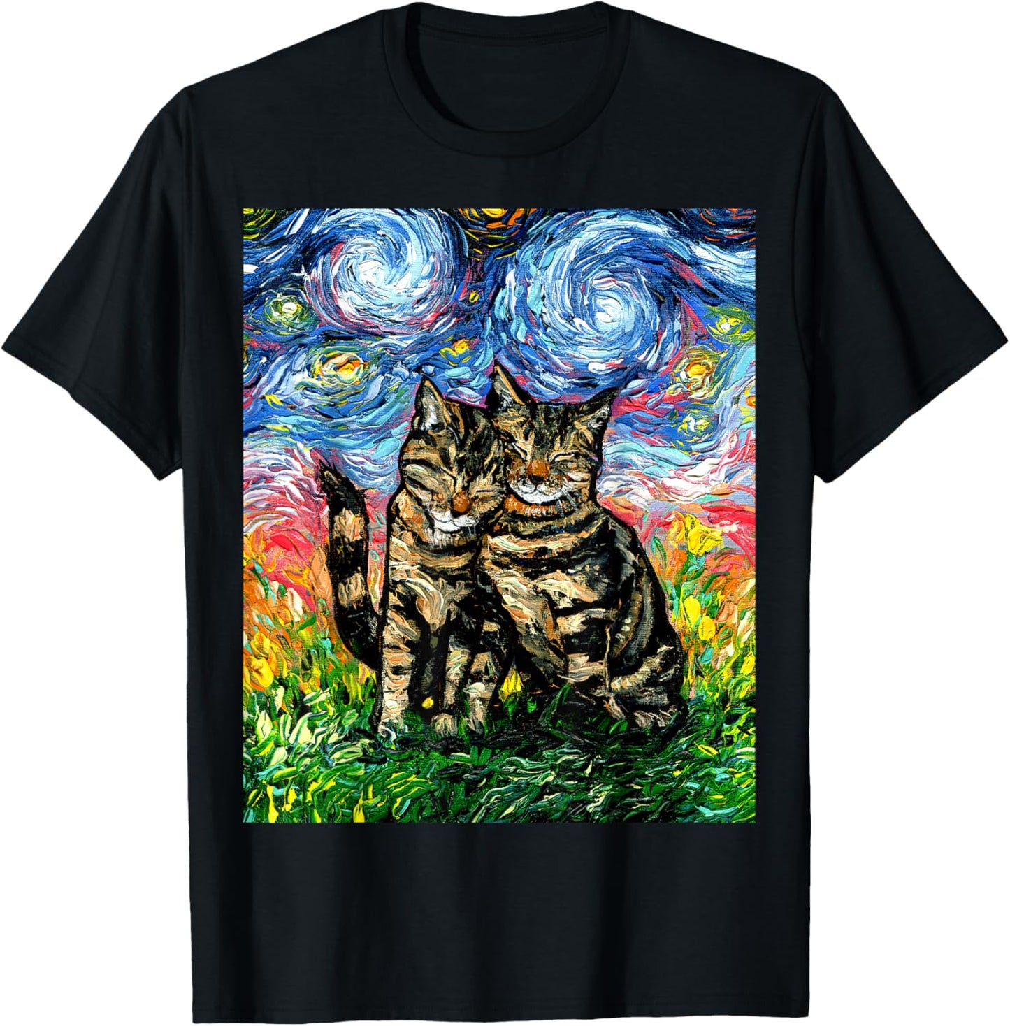 Tabby Cats Snuggling Cute Starry Night Kitten Artwork T-Shirt - T-Shirt | Black