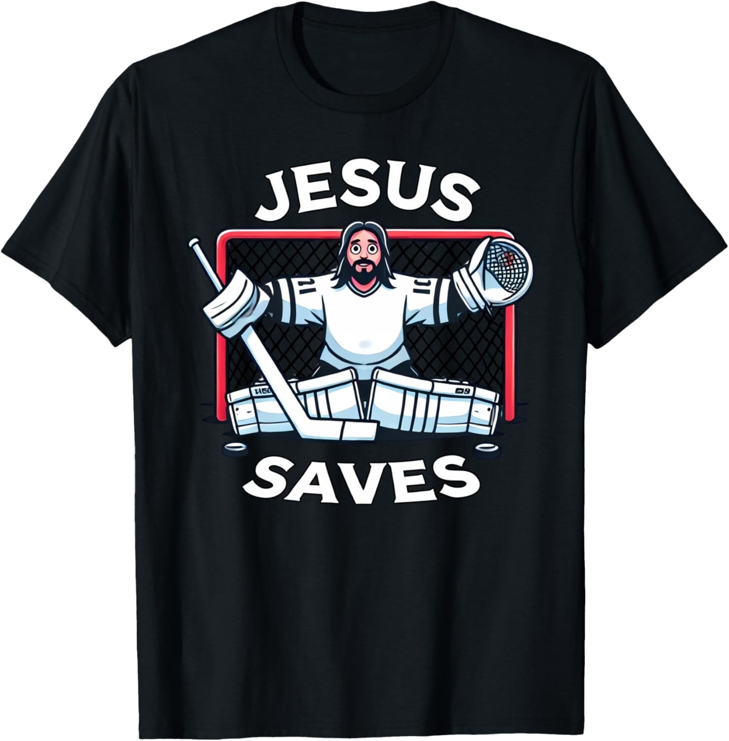 Funny Hockey Jesus Saves Goalie Sports Humor T-Shirt - T-Shirt | Black