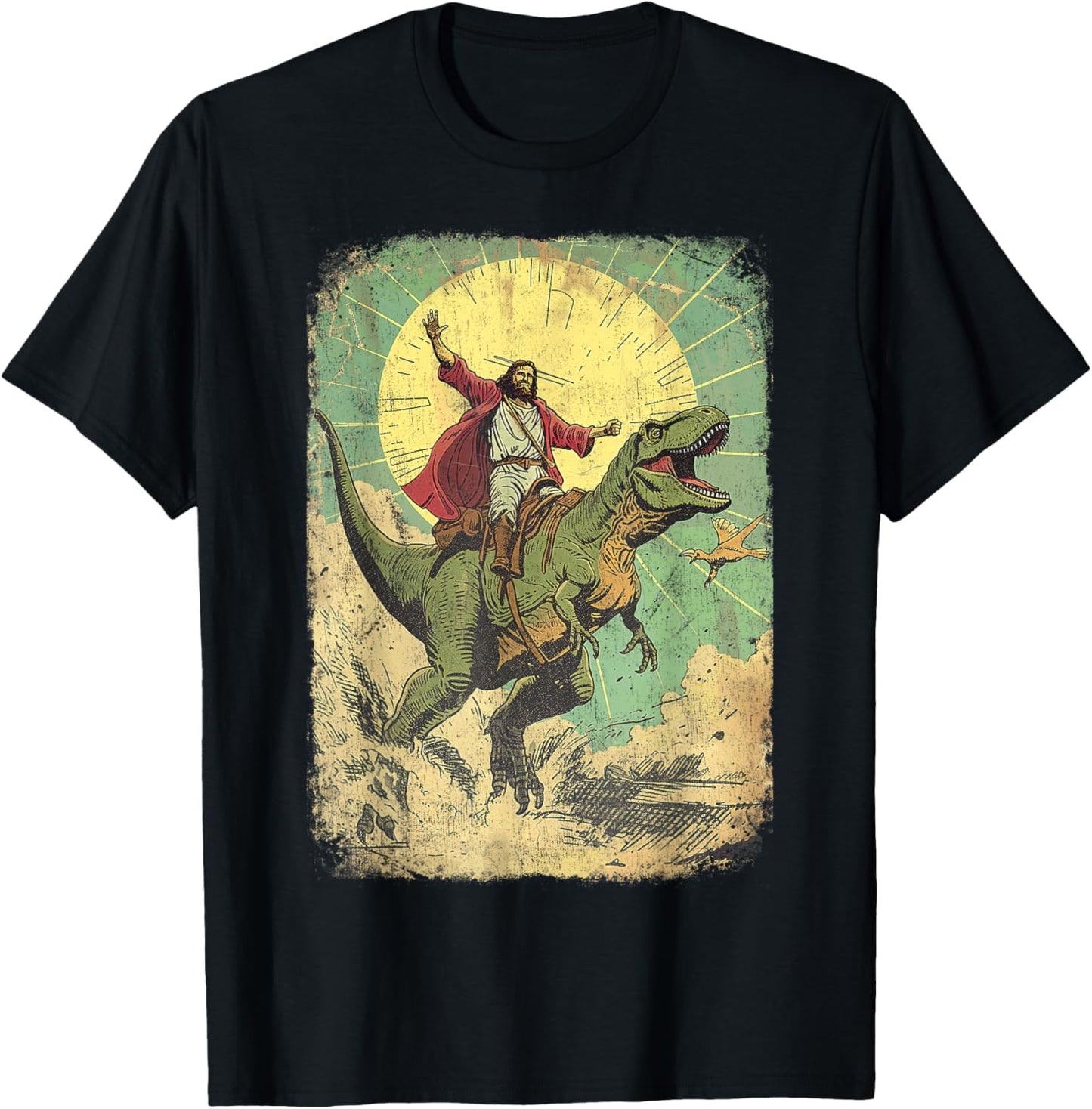 Jesus riding dinosaur Funny Christian retro dino raptor T-Shirt - T-Shirt | Black