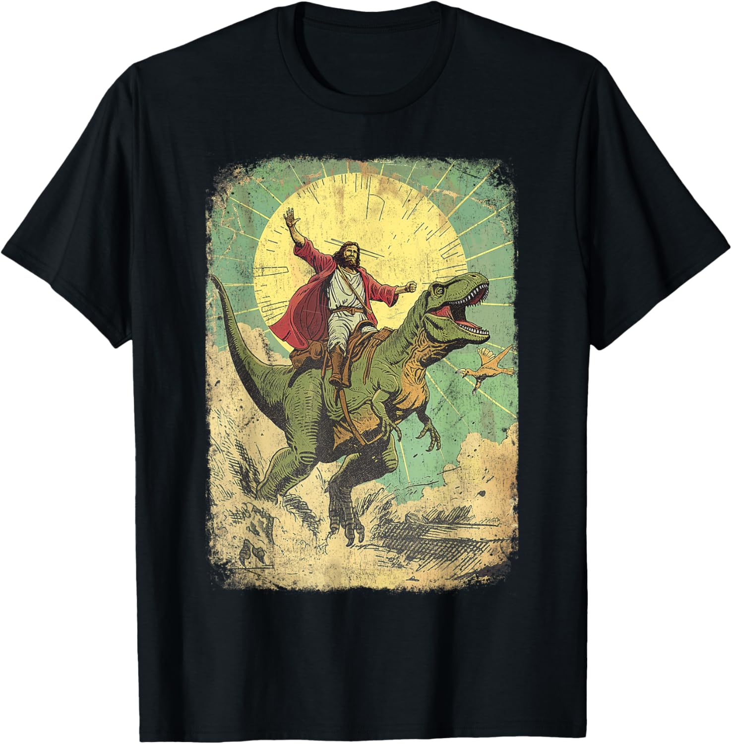 Jesus riding dinosaur Funny Christian retro dino raptor T-Shirt - T-Shirt | Black