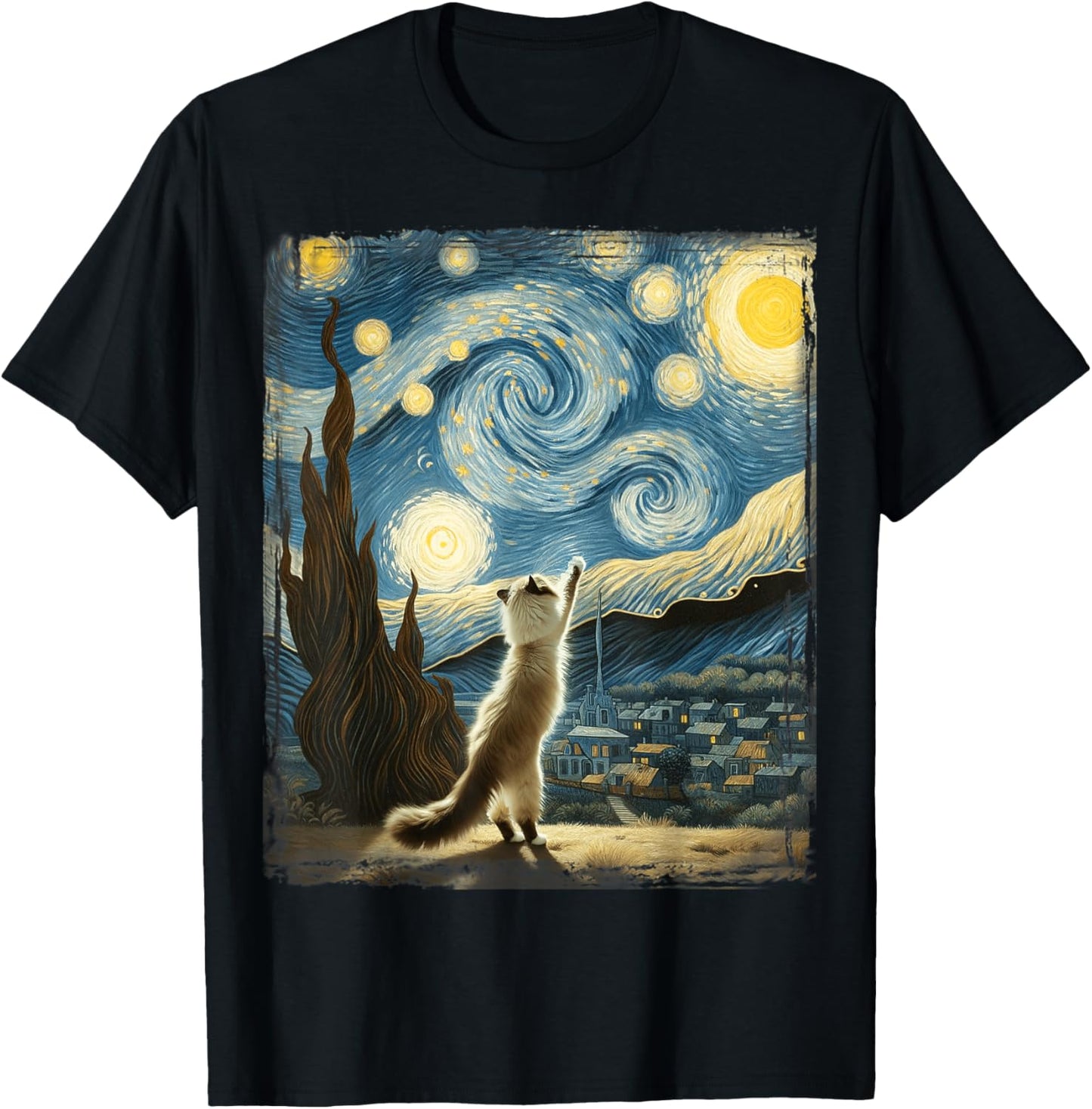 Van Gogh Starry Night Reaching Moon Artistic Pet Ragdoll Cat T-Shirt - T-Shirt | Black