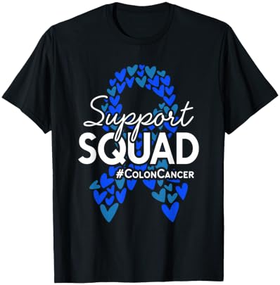 Colon Cancer Awareness Support Squad Blue Hearts Ribbon T-Shirt - T-Shirt | Black