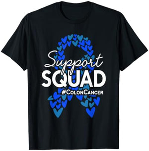 Colon Cancer Awareness Support Squad Blue Hearts Ribbon T-Shirt - T-Shirt | Black
