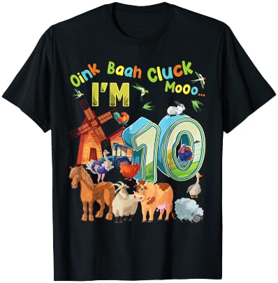 Barnyard 10th Birthday Farm Animals 10 Years Old Farming T-Shirt - T-Shirt | Black