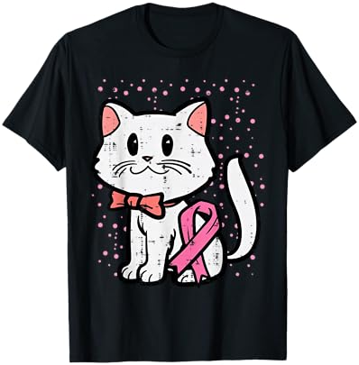 Pink Ribbon Cat Breast Cancer Awareness Women Girls Kids T-Shirt - T-Shirt | Black