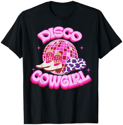 Western Cowgirl Yeehaw Pink Disco Ball Cowboy Boots & Hat T-Shirt - T-Shirt | Black