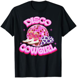 Western Cowgirl Yeehaw Pink Disco Ball Cowboy Boots & Hat T-Shirt - T-Shirt | Black